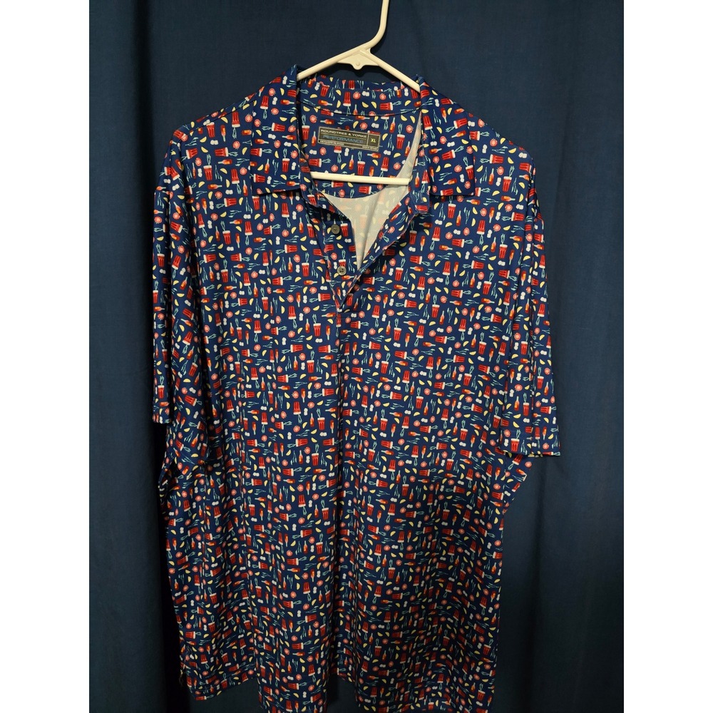 Roundtree & Yorke Performance Mens XL Bloody Mary Cocktail Print Polo Shirt Blue